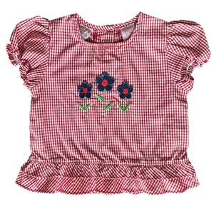 Vintage Little Lindsey Red Gingham Kids Top with Floral Embroidery Size 18M